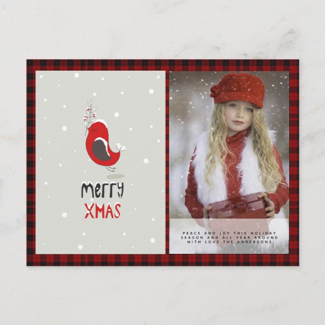 Buffalo Plaid Photo Xmas NewYear Folkart Red Robin Postcard (Front)