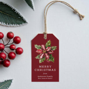 Buffalo Plaid Poinsettia Floral Custom Christmas  Gift Tags