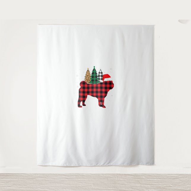 Buffalo Plaid Pug Dog Tree Leopard print Christmas Tapestry (Front)