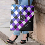 Buffalo Plaid Purple Pink Monogram Name Tote Bag<br><div class="desc">Personalised tote bag featuring a cool buffalo check plaid pattern in colours of purple, pink, blue and black with a monogram and name in your choice of text font styles and colours. Add a name or delete the sample text to leave the area blank on the solid black corner. The...</div>