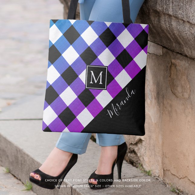 Buffalo Plaid Purple Pink Monogram Name Tote Bag (Creator Uploaded)