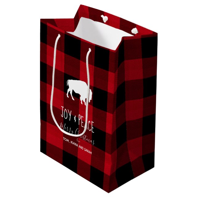 Buffalo Plaid Red and Black Joy & Peace ID603 Medium Gift Bag (Front Angled)