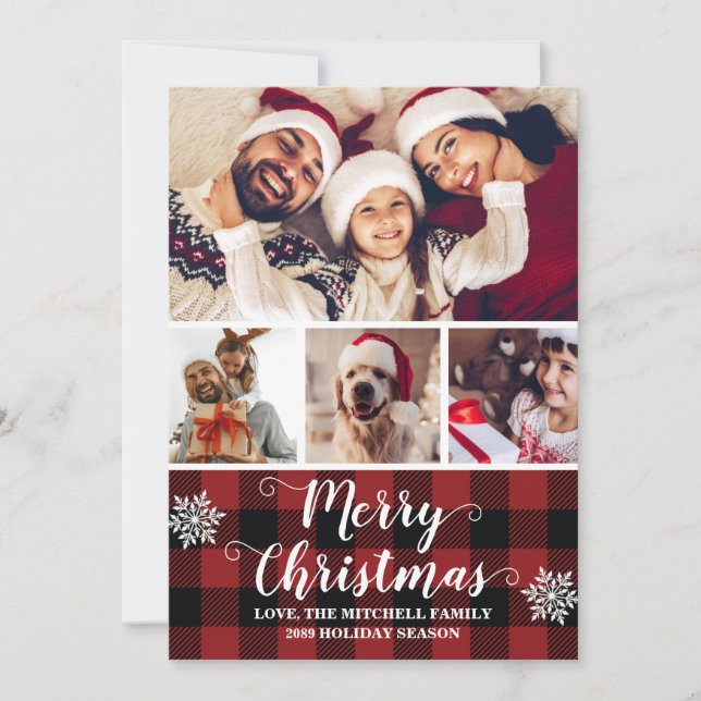 Buffalo Plaid Red and Black Photo Merry Christmas Holiday Card (Front)