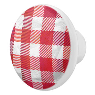 Buffalo Plaid Red and White Ceramic Knob