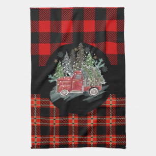 Buffalo Plaid Red Christmas Truck Tea Towel