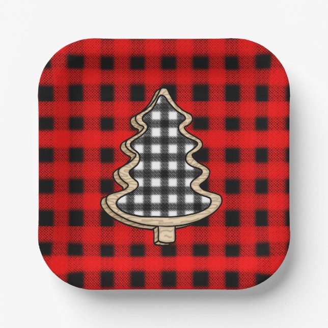 Buffalo Plaid, Red Gingham Christmas Trees    Paper Plate (Front)
