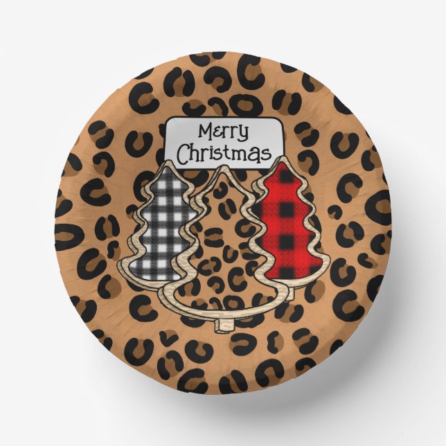 Buffalo Plaid, Red Gingham Christmas Trees Paper Plate (Front)