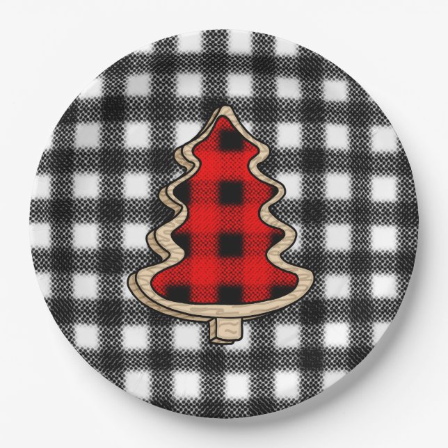 Buffalo Plaid, Red Gingham Christmas Trees   Paper Plate (Front)