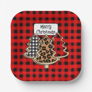 Buffalo Plaid, Red Gingham Christmas Trees Paper Plate