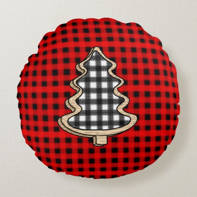 Buffalo Plaid, Red Gingham Christmas Trees   Round Cushion (Front)