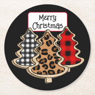 Buffalo Plaid, Red Gingham Christmas Trees Round Paper Coaster