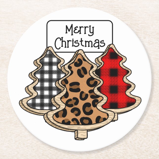 Buffalo Plaid, Red Gingham Christmas Trees   Round Paper Coaster (Front)