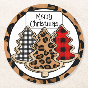 Buffalo Plaid, Red Gingham, Christmas Trees Round Paper Coaster