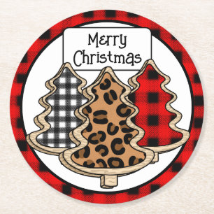 Buffalo Plaid, Red Gingham, Christmas Trees Round Paper Coaster