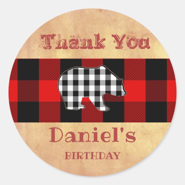 Buffalo Plaid Red Lumberjack Birthday Bear Favour Classic Round Sticker (Front)