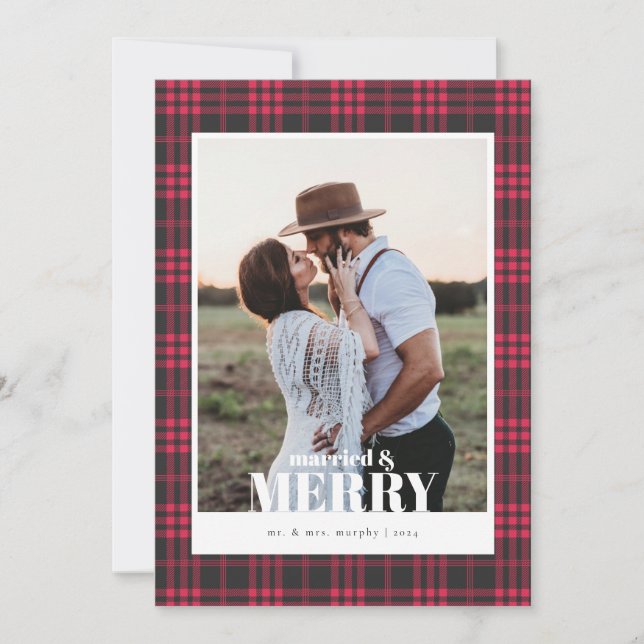 Buffalo Plaid Red Married & Merry Christmas Card (Front)