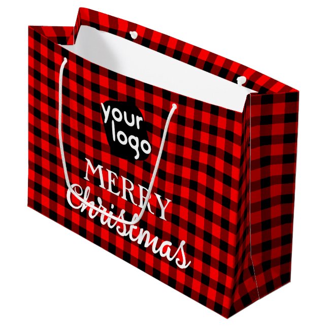    Buffalo Plaid Red Merry Christmas Add Your Logo Large Gift Bag (Front Angled)