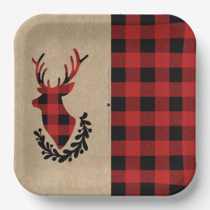 Buffalo Plaid Red  Rustic Stag  Paper Plate