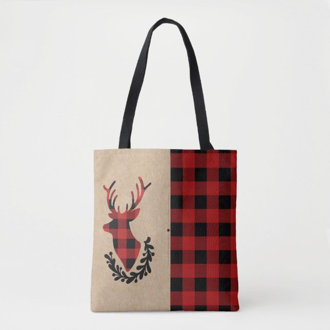 Buffalo Plaid Red Rustic Stag Tote Bag (Front)