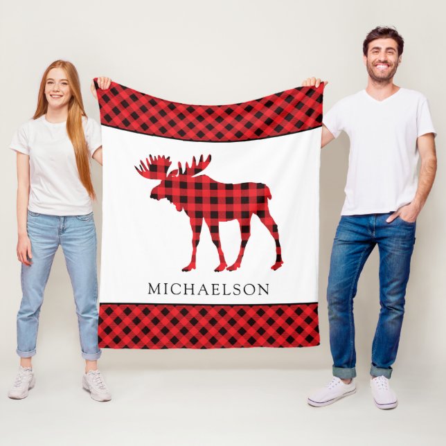 Buffalo Plaid Red Rustic Xmas Moose Silhouette Fleece Blanket (In Situ)