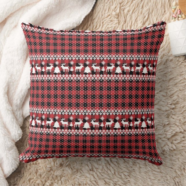 Buffalo Plaid Reindeer Fair Isle Cushion (Blanket)