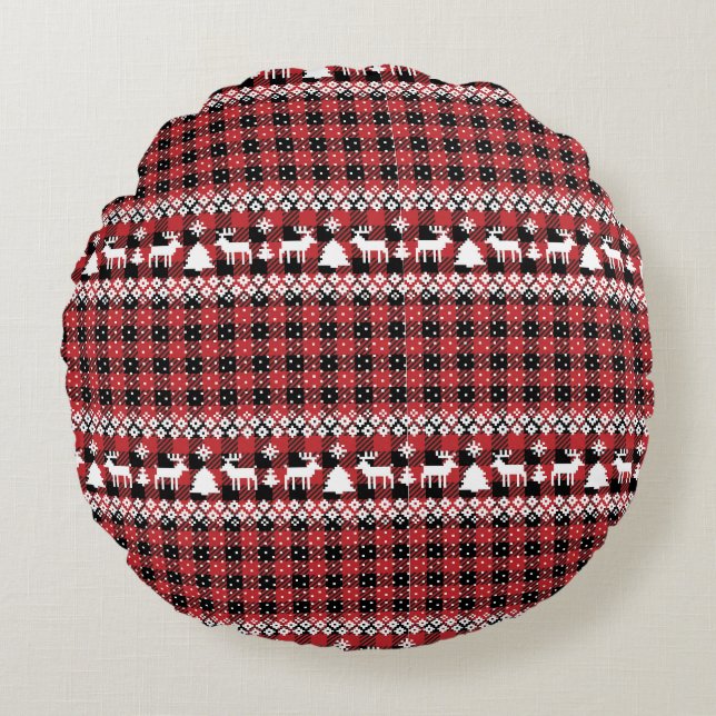 Buffalo Plaid Reindeer Fair Isle Round Cushion (Front)