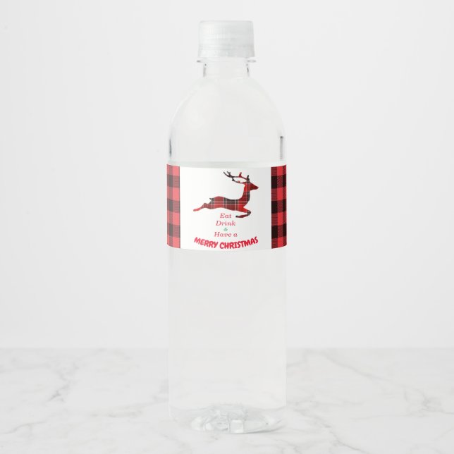 Buffalo Plaid Reindeer Merry Christmas tartan Water Bottle Label (Front)