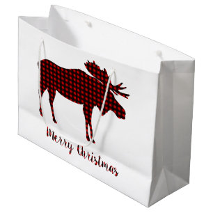Buffalo Plaid Reindeer Merry Christmas Typography Large Gift Bag