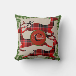 Buffalo Plaid Reindeer Pine Boughs Monogram Cushion