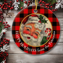 Buffalo Plaid Retro Santa Claus Ceramic Tree Decoration