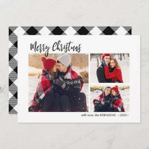 Buffalo Plaid Rustic 3 Multi Photo Christmas  Holiday Card