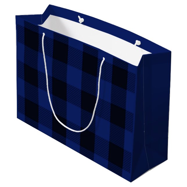 Buffalo Plaid Rustic Check Pattern Black Blue Large Gift Bag (Back Angled)