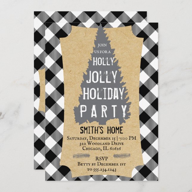 Buffalo Plaid Rustic Holly Jolly Party Invitation (Front/Back)