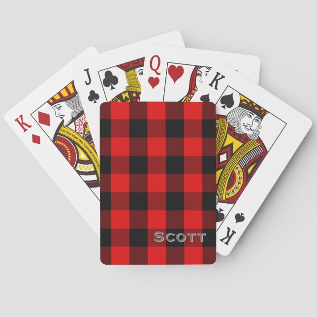 Buffalo Plaid Rustic Red Black Custom Monogram Playing Cards (Back)