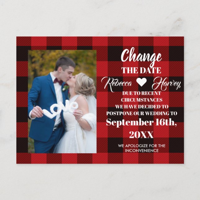 buffalo plaid rustic wedding change the date announcement postcard (Front)