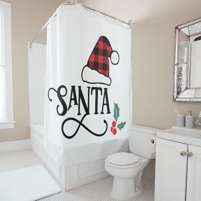 Buffalo Plaid Santa and Hat Shower Curtain (In Situ)