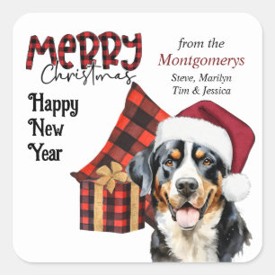Buffalo Plaid Santa Hat Swiss Mountain Dog Square Sticker