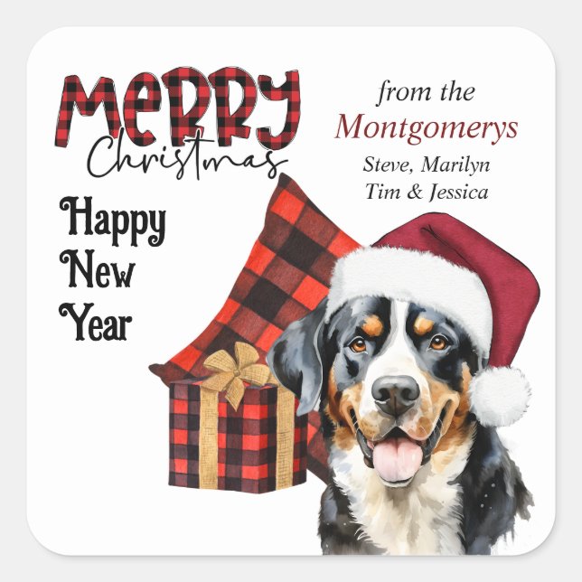 Buffalo Plaid Santa Hat Swiss Mountain Dog Square Sticker (Front)