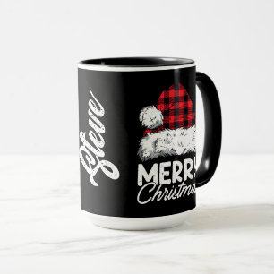 Buffalo Plaid Santa Hat with Customizable Name Mug