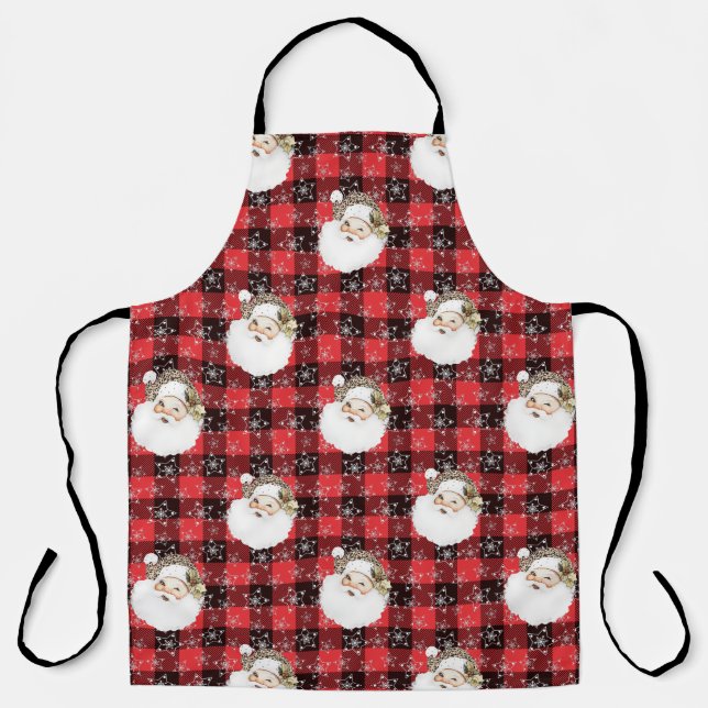 Buffalo Plaid Santa with Snowflakes & Stars Apron (Front)