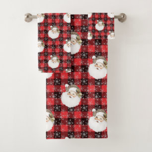 Buffalo Plaid Santa with Snowflakes & Stars Bath Towel Set