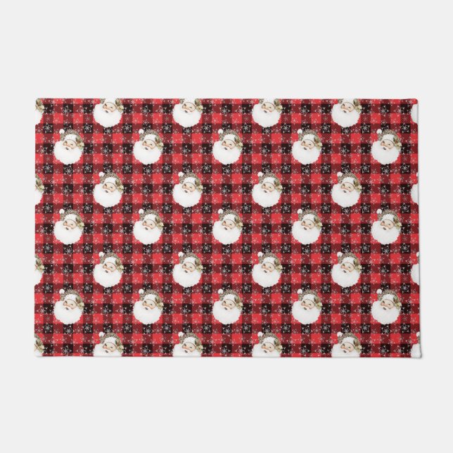 Buffalo Plaid Santa with Snowflakes & Stars Doormat (Front)