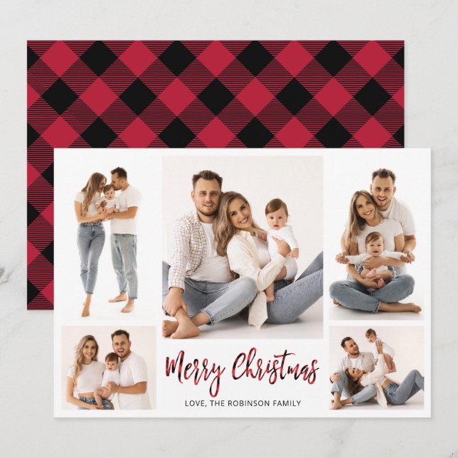 Buffalo Plaid Script 5 Photo Collage Christmas  Holiday Card (Front/Back)