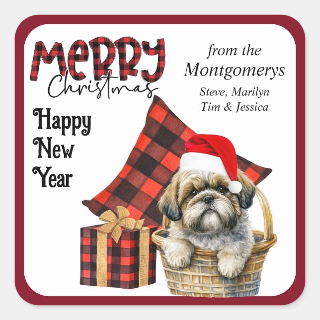 Buffalo Plaid Shih Tzu Puppy Christmas Square Sticker (Front)