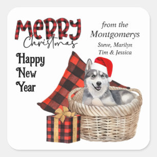 Buffalo Plaid Siberian Husky Dog Christmas Square Sticker