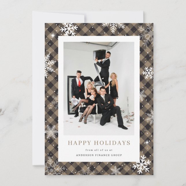 Buffalo Plaid Snowflake Photo Corporate Business Holiday Card (Front)