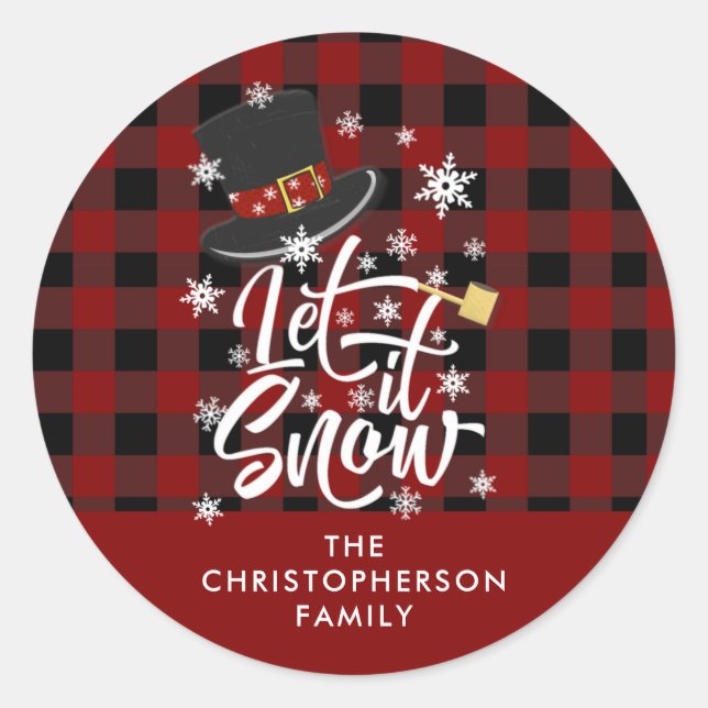 Buffalo Plaid Snowflake Whimsical LET IT SNOW Classic Round Sticker (Front)