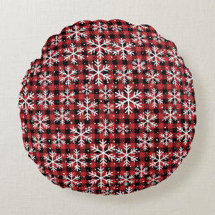 Buffalo Plaid Snowflake Winter Pattern Round Cushion