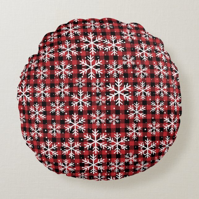 Buffalo Plaid Snowflake Winter Pattern Round Cushion (Front)