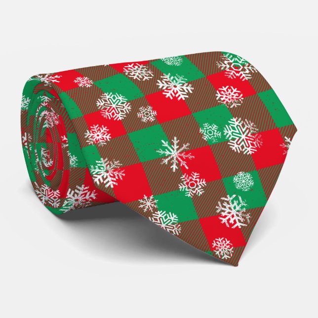  Buffalo Plaid Snowflakes Christmas Tie (Rolled)